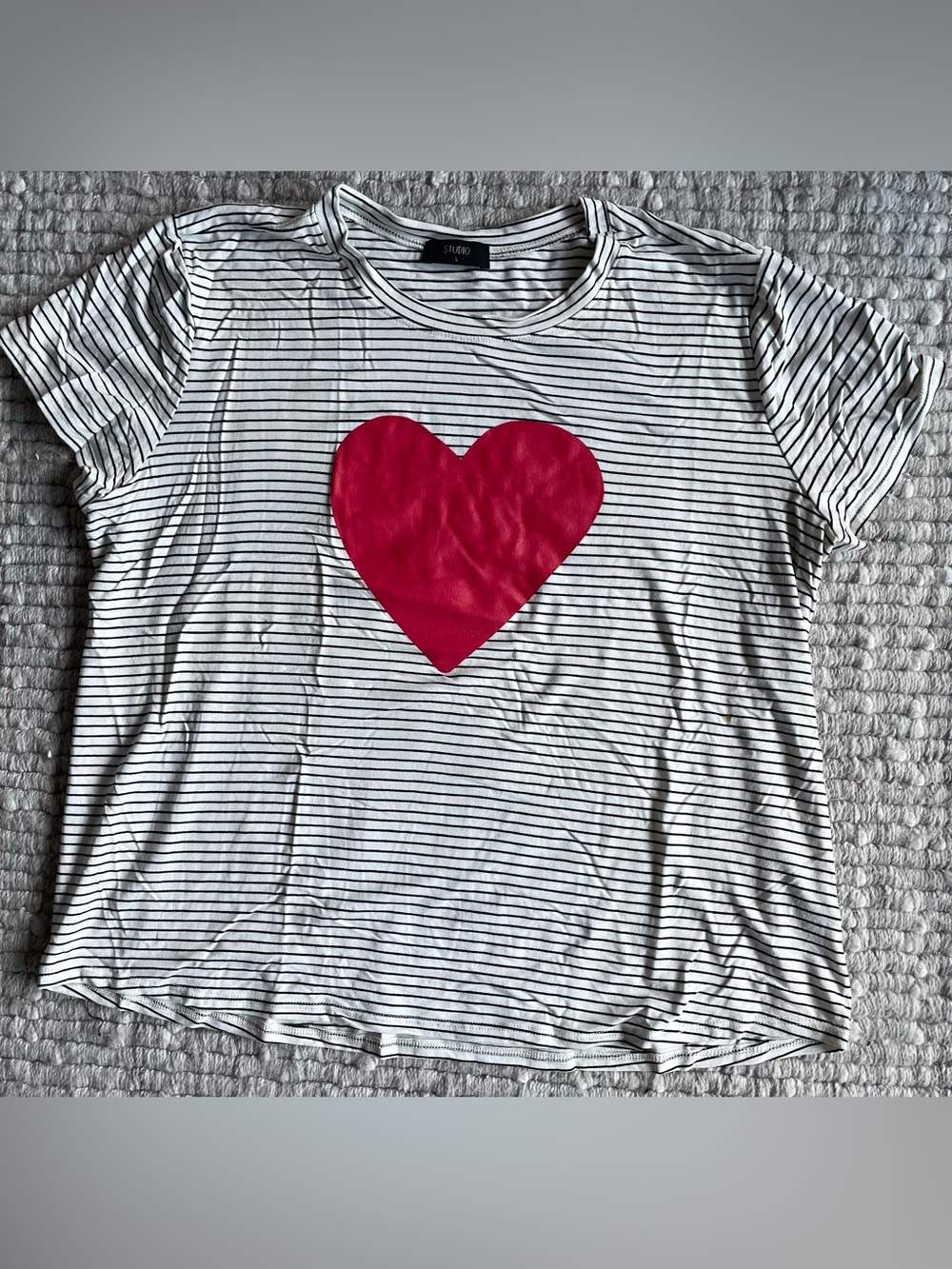 White & Black Striped Tee with Red Heart